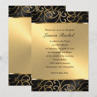 Invitación Bat Mitzvah Elegant Black and Gold Filigree