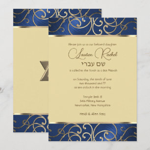Invitación Bat Mitzvah Elegant Blue and Gold Filigree