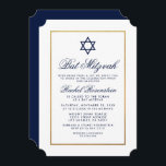 Invitación Bat Mitzvah Elegant Blue Gold Invitation<br><div class="desc">Tarjeta de invitación azul y dorada Bat Mitzvah - Estilo de tickets</div>