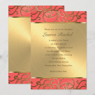 Invitación Bat Mitzvah Elegant Coral y Gold Filigree
