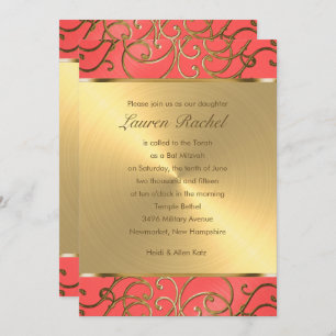 Invitación Bat Mitzvah Elegant Coral y Gold Filigree