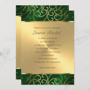 Invitación Bat Mitzvah Elegant Emerald Green Gold Filigree