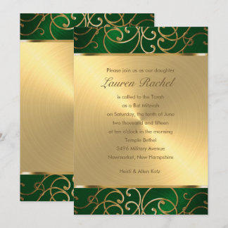Invitación Bat Mitzvah Elegant Emerald Green Gold Filigree