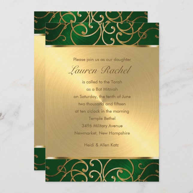 Invitación Bat Mitzvah Elegant Emerald Green Gold Filigree (Anverso / Reverso)