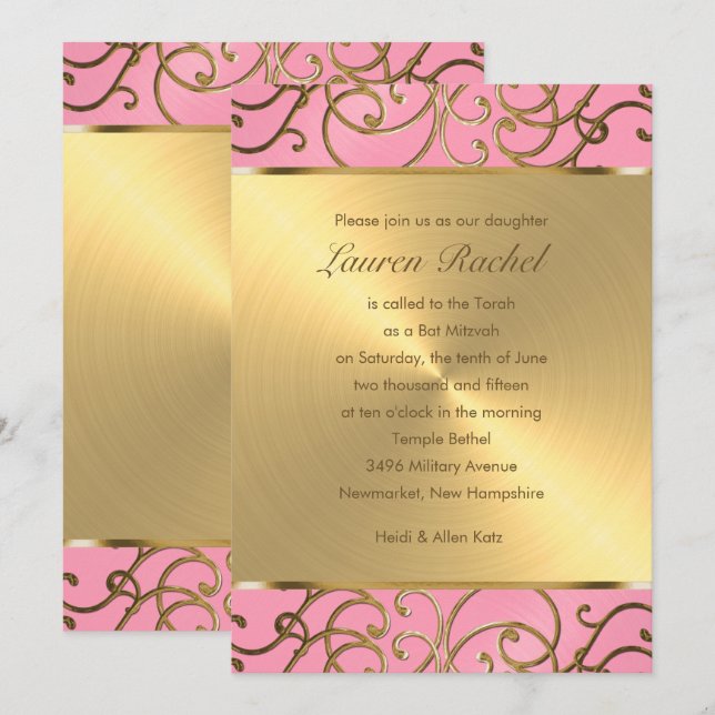 Invitación Bat Mitzvah Elegant Filigree rosa y dorado (Anverso / Reverso)