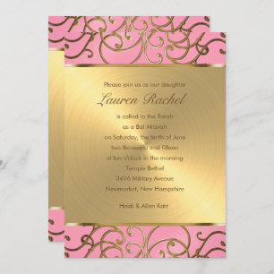 Invitación Bat Mitzvah Elegant Filigree rosa y dorado