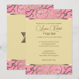 Invitación Bat Mitzvah Elegant Filigree rosa y dorado