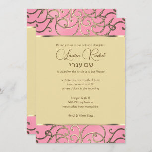 Invitación Bat Mitzvah Elegant Filigree rosa y dorado