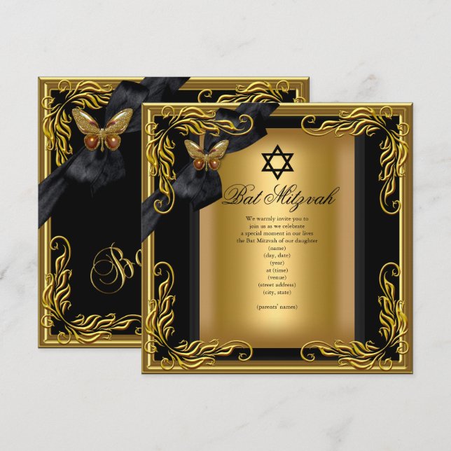 Invitación Bat Mitzvah Elegant Gold Black Butterfly (Anverso / Reverso)