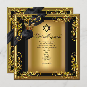 Invitación Bat Mitzvah Elegant Gold Black Butterfly