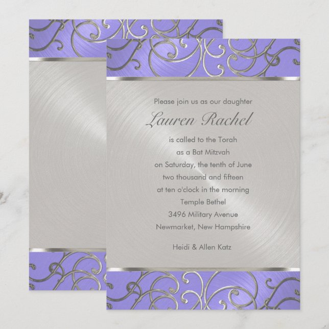 Invitación Bat Mitzvah Elegant Lavender Plata Púrpura Filigre (Anverso / Reverso)