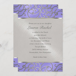 Invitación Bat Mitzvah Elegant Lavender Plata Púrpura Filigre