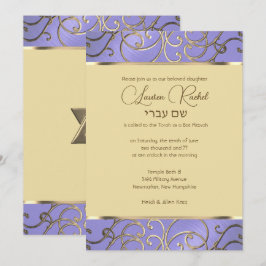 Invitación Bat Mitzvah Elegant Lavender Purple Gold Filigree