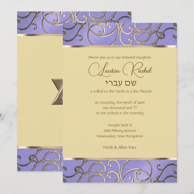 Invitación Bat Mitzvah Elegant Lavender Purple Gold Filigree (Anverso / Reverso)
