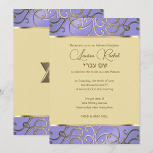 Invitación Bat Mitzvah Elegant Lavender Purple Gold Filigree