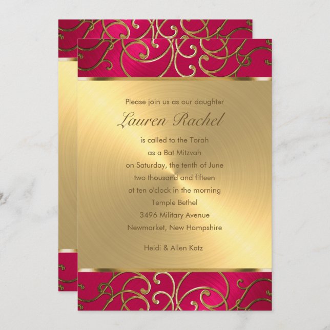Invitación Bat Mitzvah Elegant Magenta Oro Rosa Filigree (Anverso / Reverso)