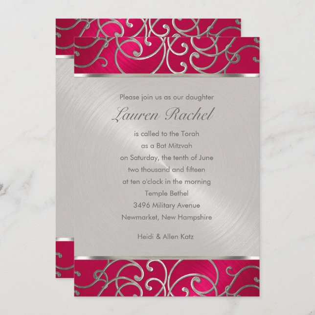 Invitación Bat Mitzvah Elegant Magenta Pink Silver Filigree (Anverso / Reverso)