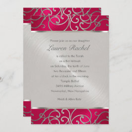 Invitación Bat Mitzvah Elegant Magenta Pink Silver Filigree