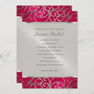Invitación Bat Mitzvah Elegant Magenta Pink Silver Filigree
