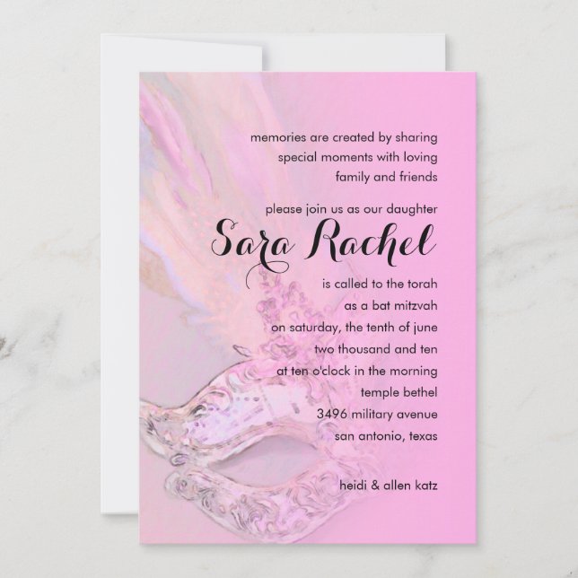 Invitación Bat Mitzvah Elegant Mascarada Rosa (Anverso)