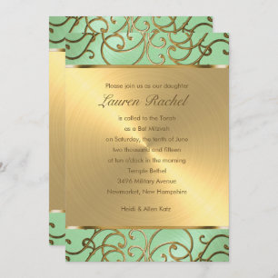Invitación Bat Mitzvah Elegant Mint Green Gold Filigree