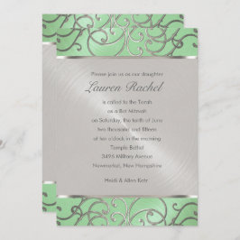 Invitación Bat Mitzvah Elegant Mint Green Silver Filigree