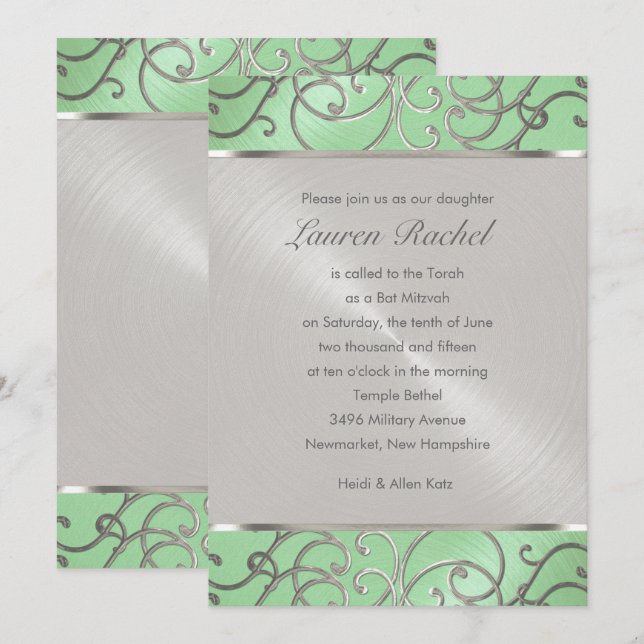Invitación Bat Mitzvah Elegant Mint Green Silver Filigree (Anverso / Reverso)