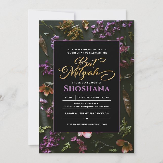 Invitación Bat Mitzvah Elegant Moderno Boho Floral Script (Anverso)