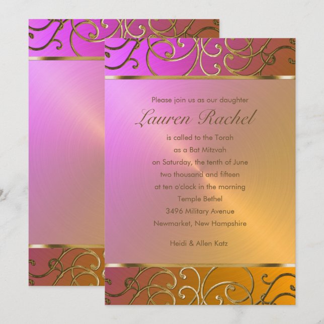 Invitación Bat Mitzvah Elegant Naranja Oro Rosa Filigree (Anverso / Reverso)