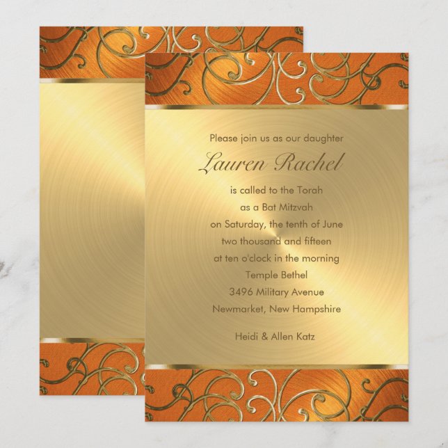 Invitación Bat Mitzvah Elegant Naranja y Gold Filigree (Anverso / Reverso)