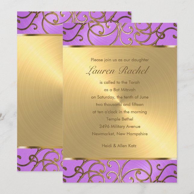 Invitación Bat Mitzvah Elegant Orquídea Purple Gold Filigree (Anverso / Reverso)