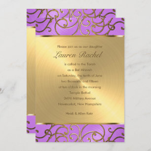 Invitación Bat Mitzvah Elegant Orquídea Purple Gold Filigree