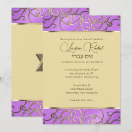 Invitación Bat Mitzvah Elegant Orquídea Purple Gold Filigree