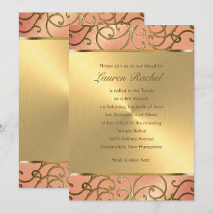 Invitación Bat Mitzvah Elegant Peach y Gold Filigree