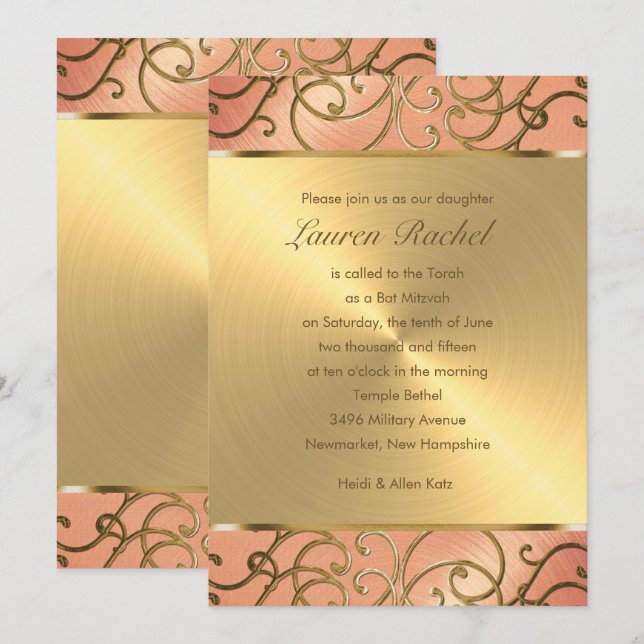 Invitación Bat Mitzvah Elegant Peach y Gold Filigree (Anverso / Reverso)