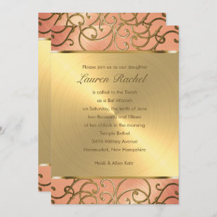 Invitación Bat Mitzvah Elegant Peach y Gold Filigree