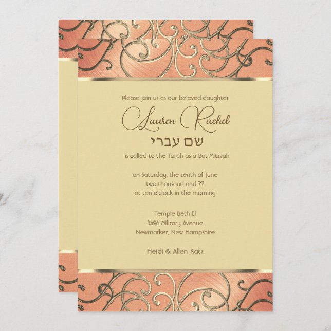 Invitación Bat Mitzvah Elegant Peach y Gold Filigree (Anverso / Reverso)