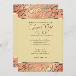 Invitación Bat Mitzvah Elegant Peach y Gold Filigree