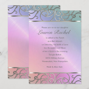 Invitación Bat Mitzvah Elegant Pearl Pink Silver Filigree