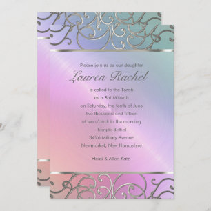 Invitación Bat Mitzvah Elegant Pearl Pink Silver Filigree