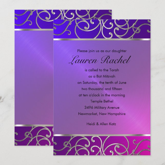 Invitación Bat Mitzvah Elegant Pink Purple Silver Filigree (Anverso / Reverso)
