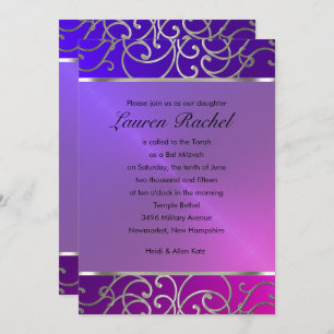 Invitación Bat Mitzvah Elegant Pink Purple Silver Filigree
