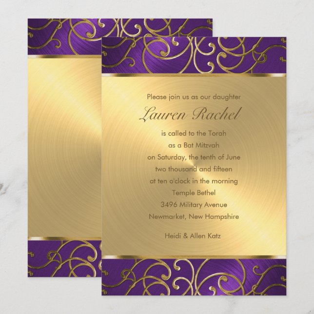 Invitación Bat Mitzvah Elegant Purple and Gold Filigree (Anverso / Reverso)