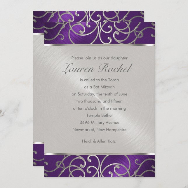 Invitación Bat Mitzvah Elegant Purple and Silver Filigree (Anverso / Reverso)
