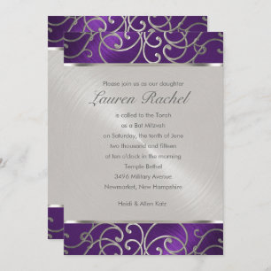 Invitación Bat Mitzvah Elegant Purple and Silver Filigree