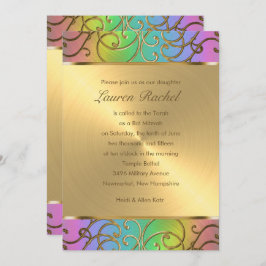 Invitación Bat Mitzvah Elegant Rainbow and Gold Filigree
