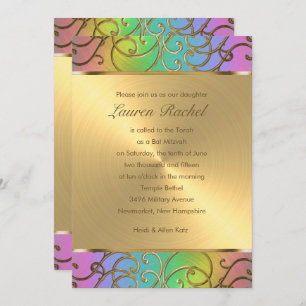 Invitación Bat Mitzvah Elegant Rainbow and Gold Filigree