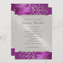 Invitación Bat Mitzvah Elegant Raspberry Plata Rosa Filigree