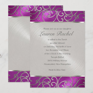Invitación Bat Mitzvah Elegant Raspberry Plata Rosa Filigree