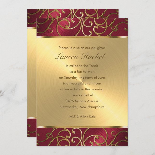 Invitación Bat Mitzvah Elegant Red and Gold Filigree (Anverso / Reverso)